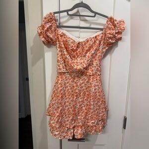 Floral Off-Shoulder Summer Romper in Orange and White